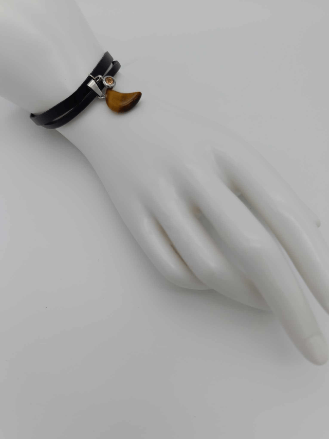 Bracelet double cordon en cuir avec lune en pierre