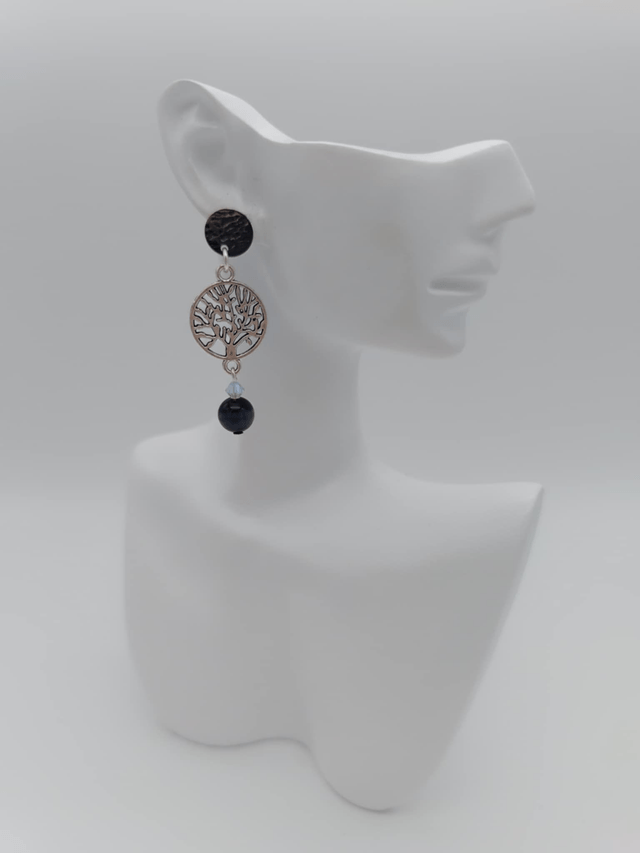 Boucles d'oreilles en métal Arbre de vie et perles Swarovski